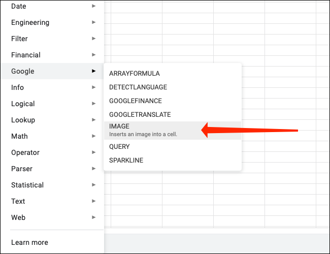 Clique em "Imagem" para usar a função de imagem no Google Sheets.