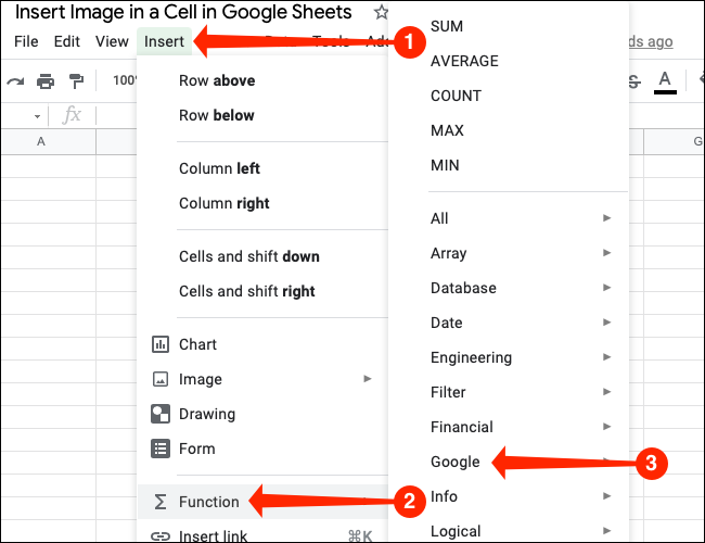 Selecione qualquer célula e vá para Inserir> Função> Google.