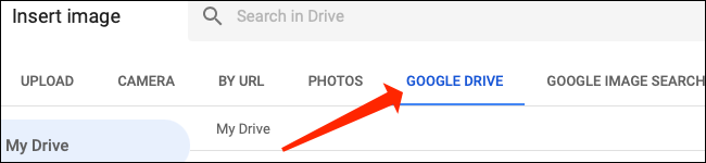 Clique em "Google Drive" para selecionar imagens para o Planilhas Google.