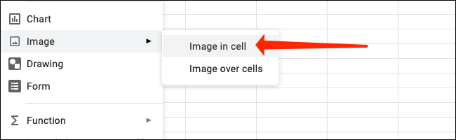 Clique em "Imagem na célula" depois de ir para Inserir> Imagem no Planilhas Google.