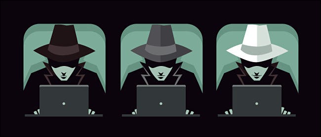 Ilustração de três hackers com chapéus pretos, cinza e brancos.