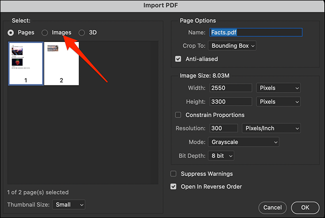 Selecione a guia “Imagens” na janela “Importar PDF” no Photoshop.