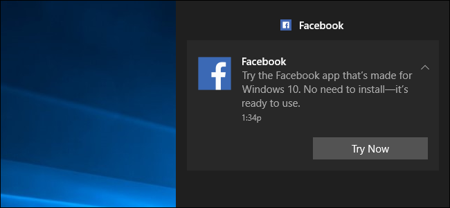 Uma notificação do Windows 10 informando que o aplicativo do Facebook foi instalado automaticamente.