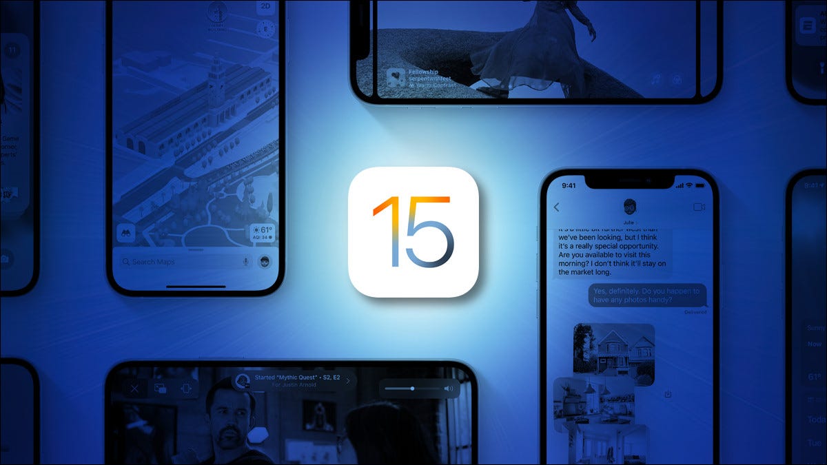 Logotipo da Apple iOS 15 em um fundo azul