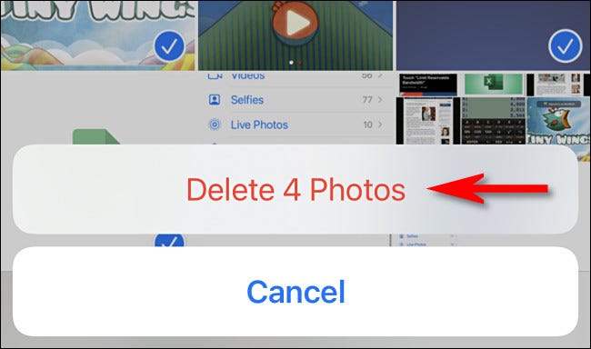 No aplicativo Fotos no iPhone ou iPad, toque em "Excluir fotos" para confirmar a exclusão.