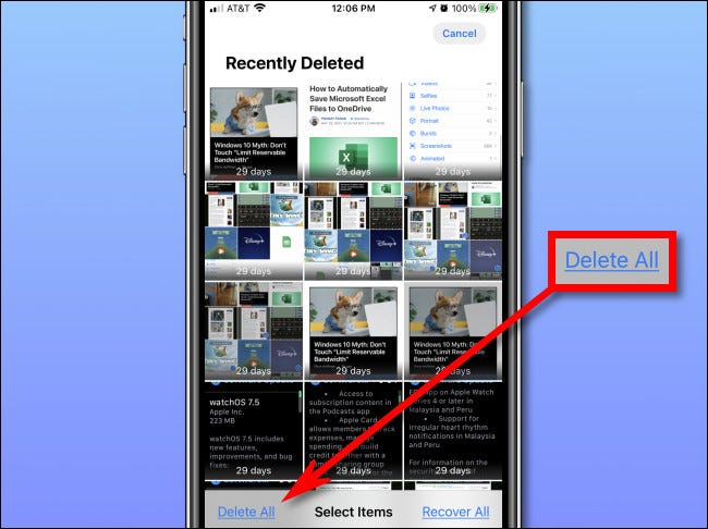 Em Fotos, toque em "Excluir tudo".
