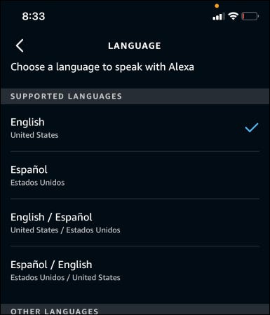 O aplicativo Alexa mostrando os idiomas disponíveis.