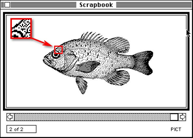 Um exemplo de gráficos monocromáticos de 1 bit no Mac System 1.0 de 1984.