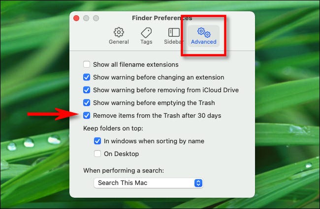 Em Preferências do Finder, clique em "Avançado" e marque "Remover itens da Lixeira após 30 dias".