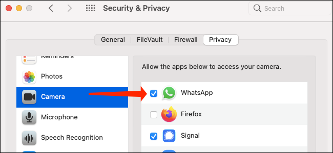 Conceder acesso à câmera ao WhatsApp no ​​macOS Big Sur.