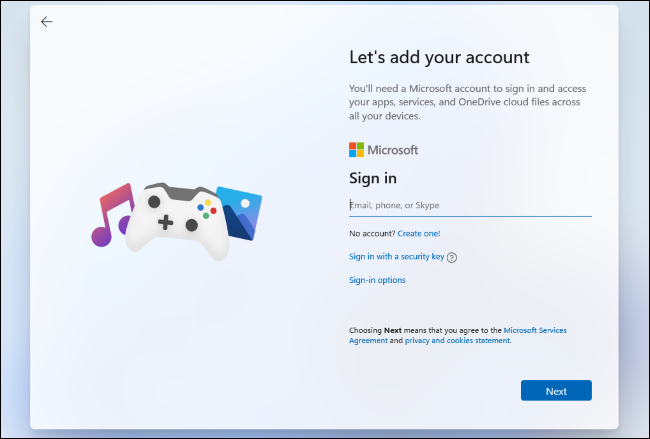 Criação de uma conta da Microsoft no processo de configuração vazado do Windows 11