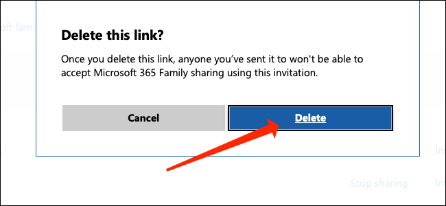 Clique em "Excluir" para remover o link de convite de sua conta do Microsoft 365.