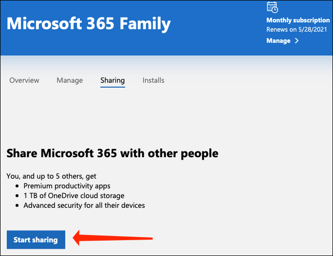 Clique em "Começar a compartilhar" para começar a adicionar pessoas ao seu plano familiar Microsoft 365.