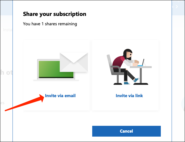 Clique em "Convidar por e-mail" para enviar um convite por e-mail para sua família Microsoft 365.