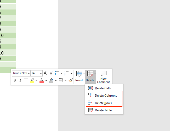 Excluir colunas permite remover colunas de uma tabela e Excluir linhas permite que você se livre de linhas de tabelas do Microsoft Word