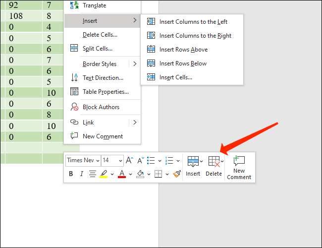 Clique em Excluir para revelar as opções para remover linhas e colunas das tabelas do Microsoft Word