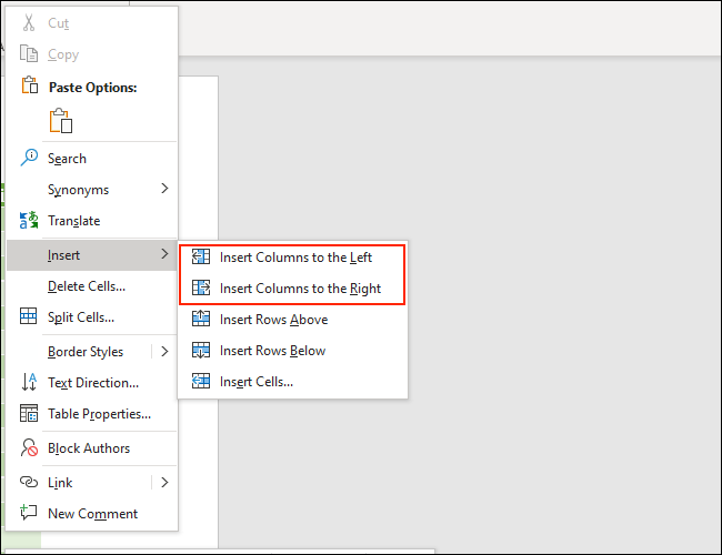 Você pode selecionar as opções de Inserir coluna para adicionar colunas a uma tabela no Microsoft Word