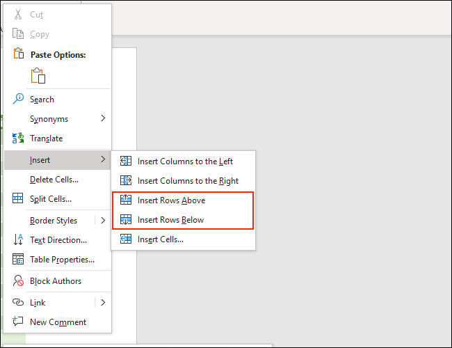 Você pode selecionar as opções de Inserir linha para adicionar linhas a uma tabela no Microsoft Word