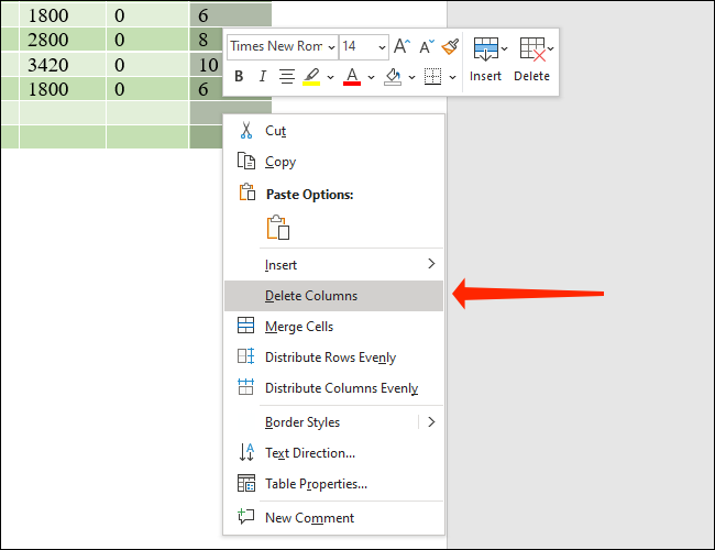 Clique em Excluir Colunas para remover as colunas selecionadas das tabelas do Microsoft Word