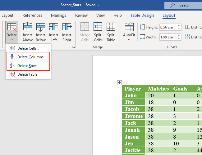 Clique em Excluir colunas ou Excluir linhas para se livrar das colunas e linhas das tabelas do Microsoft Word