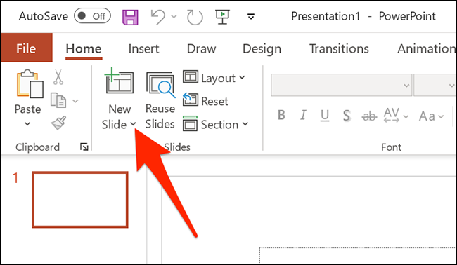 Clique na seta ao lado de “Novo Slide” na janela do PowerPoint.