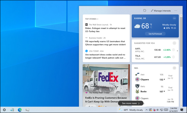 O painel Notícias e interesses aparecendo na barra de tarefas do Windows 10.