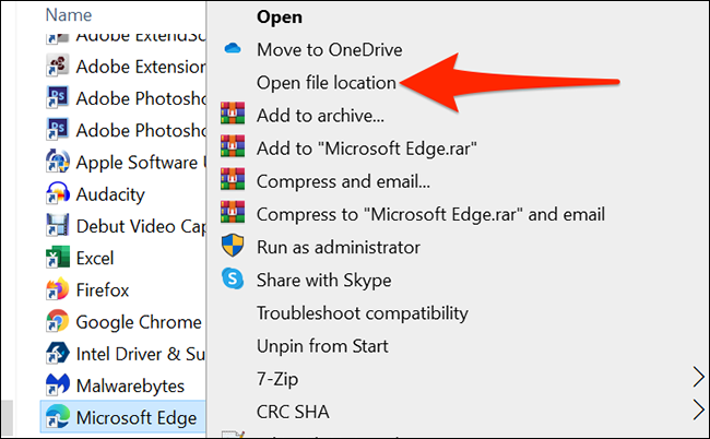 Clique com o botão direito em "Microsoft Edge" e selecione "Abrir local do arquivo" em uma janela do Explorador de Arquivos.