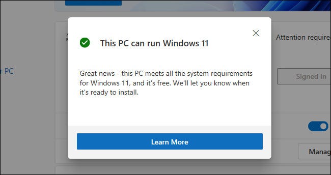 Uma mensagem "Este PC pode executar o Windows 11" no aplicativo PC Health Check