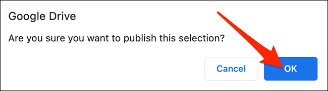 Selecione "OK" no prompt de publicação no Planilhas Google.