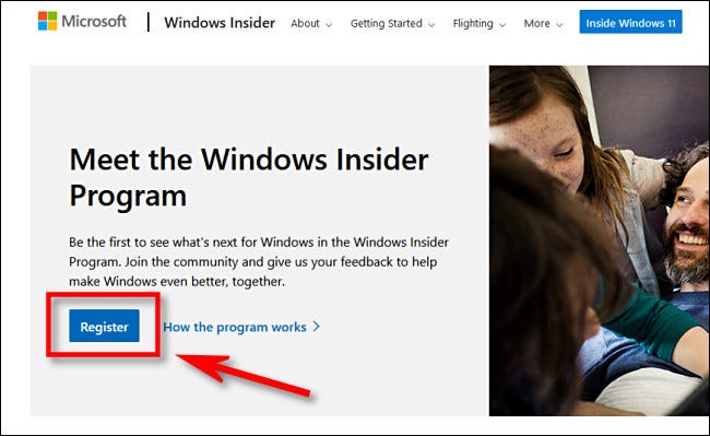 Clique em "Registrar" para ingressar no Programa Windows Insider