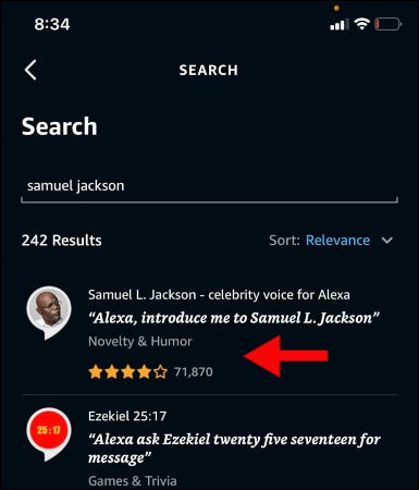 Procurando a voz de Samuel Jackson no aplicativo Alexa.