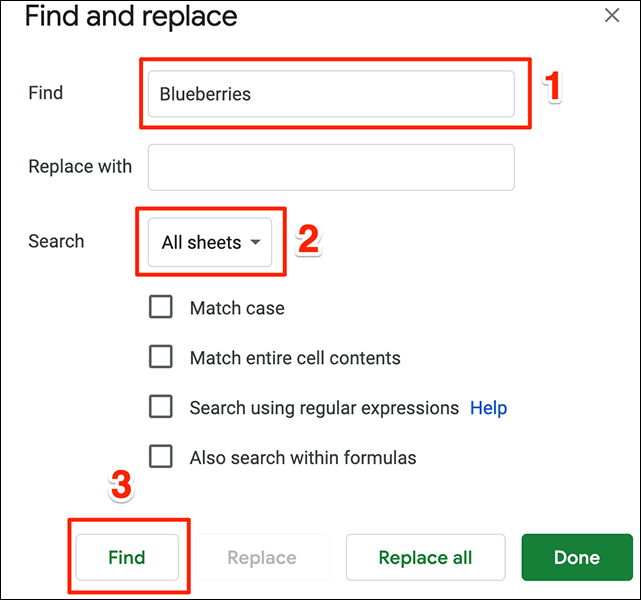 A janela "Localizar e substituir" no Planilhas Google.