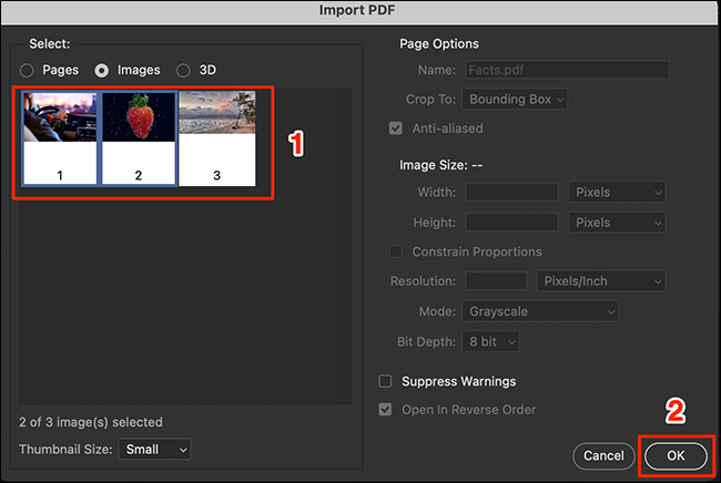 Selecione as imagens a serem extraídas na janela "Importar PDF" do Photoshop e clique em "OK".