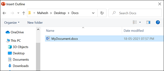 Selecione o documento do Word a ser convertido em PowerPoint.