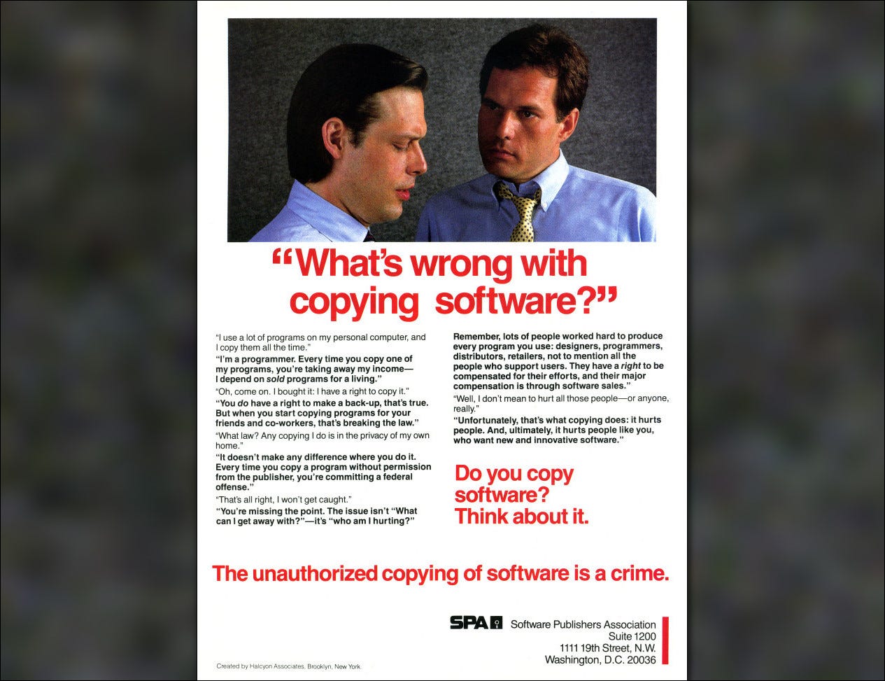 Um anúncio antipirataria de 1984 da Software Publishers Association.
