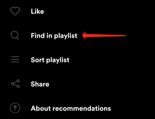Toque em "Encontrar na lista de reprodução" para começar a pesquisar músicas específicas nas listas de reprodução do Spotify no Android.