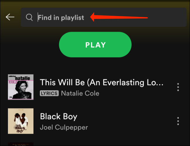 Toque em "Encontrar na lista de reprodução" para procurar músicas nas listas de reprodução do Spotify no Android.