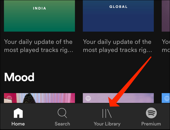 Toque em "Sua Biblioteca" para acessar suas listas de reprodução no Spotify para Android.