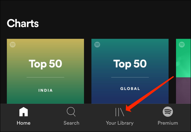 Selecione "Sua Biblioteca" no Spotify para iPhone.