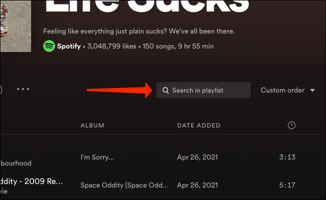 A opção "Pesquisar na lista de reprodução" no Spotify para Windows e Mac.