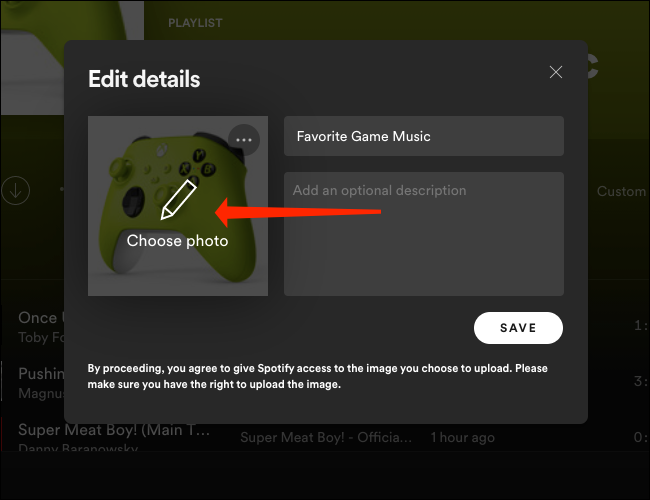 Clique em "Escolher foto" para alterar a imagem da lista de reprodução do Spotify na área de trabalho.