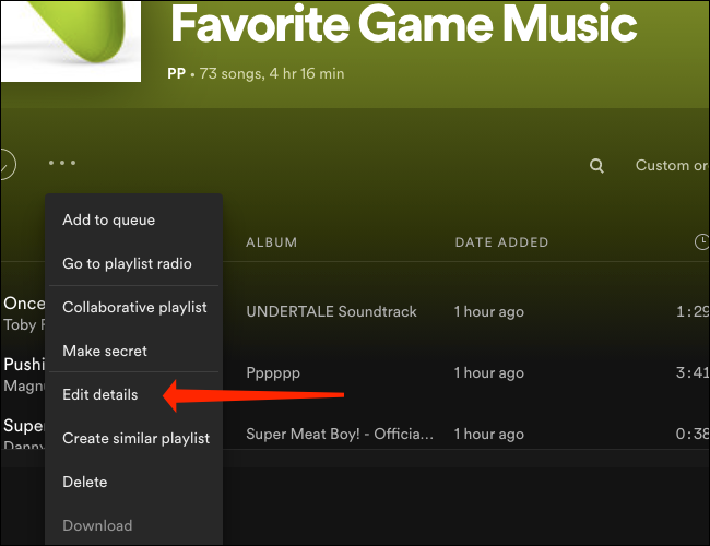 Clique em "Editar detalhes" para revelar a opção de alterar a imagem da lista de reprodução do Spotify no desktop.