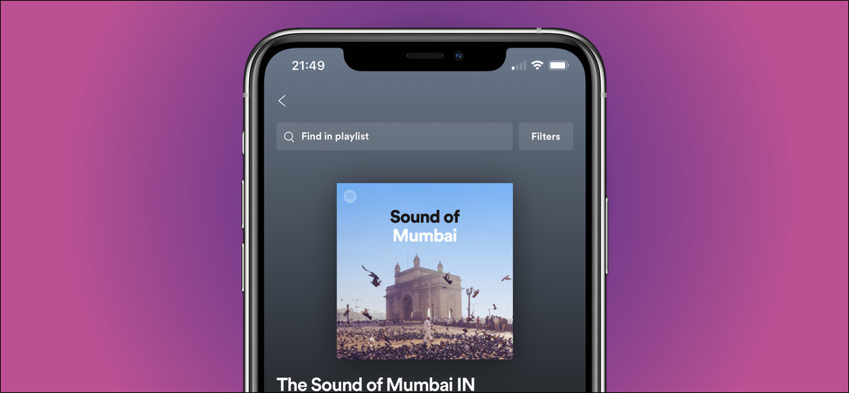 Uma lista de reprodução do Spotify no iPhone, com a opção "Localizar na lista de reprodução" exibida na tela.