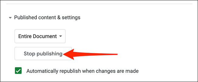 Selecione "Parar de publicar" no pop-up "Publicar na web" no Planilhas Google.
