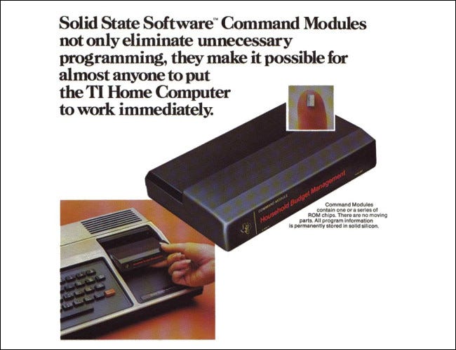 Informações sobre módulos de comando de um folheto da TI-99/4 de 1979.