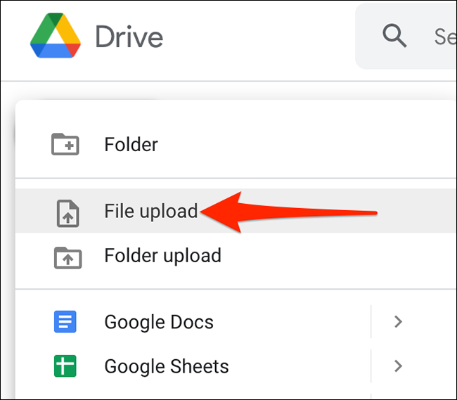Clique em "Novo> Upload de arquivo" no site do Google Drive.