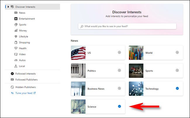 Na página "Descobrir Interesses", selecione os assuntos sobre os quais gostaria de ver notícias no widget Notícias do Windows 10 da barra de tarefas.