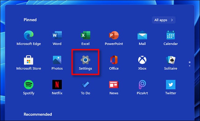 Clique em “Configurações” no menu Iniciar do Windows 11.