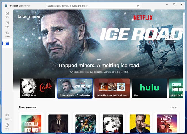 A categoria "Entretenimento" da visualização da Windows 11 Microsoft Store.