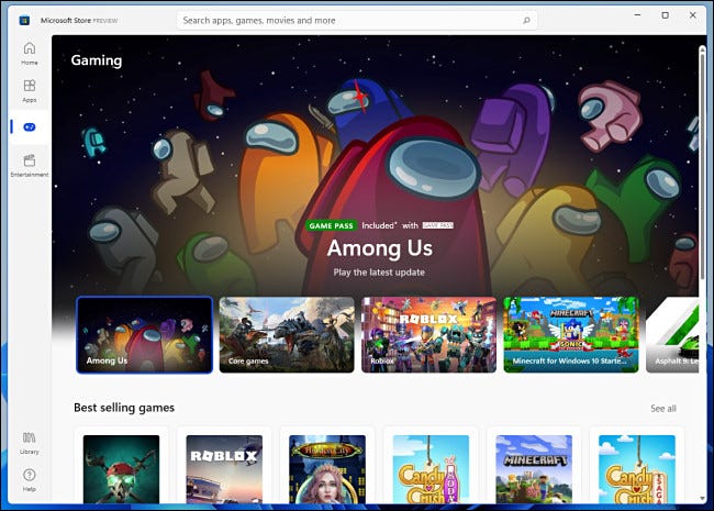 A categoria "Jogos" da visualização da Windows 11 Microsoft Store.